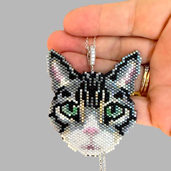 Hand Crafted Jewelry - Handcrafted brickstitched leather backed tuxedo tabby cat face portrait necklace